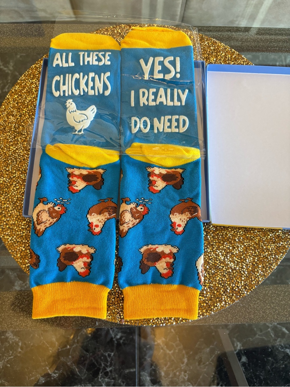 HAPPY POP NWT in gift box for Chicken Lover Crew Socks - Blue & Yellow